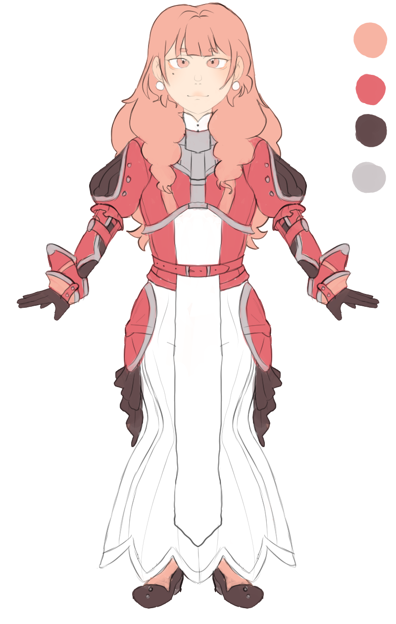 Full body reference for Albert's armor and main uniform, unshaded, front view.