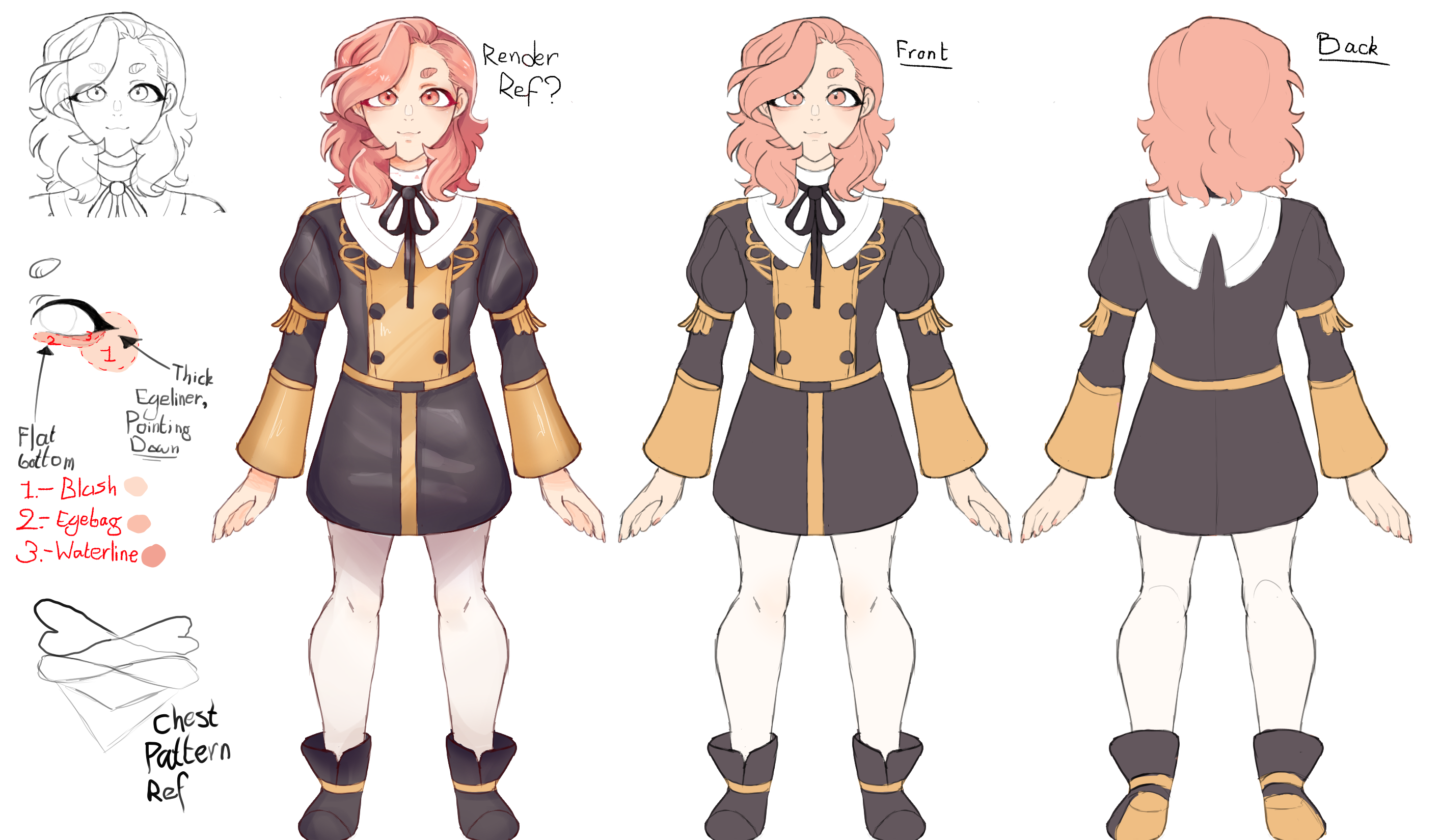 Full body reference for Melchior's academy uniform, both shaded and unshaded versions, front and back view.